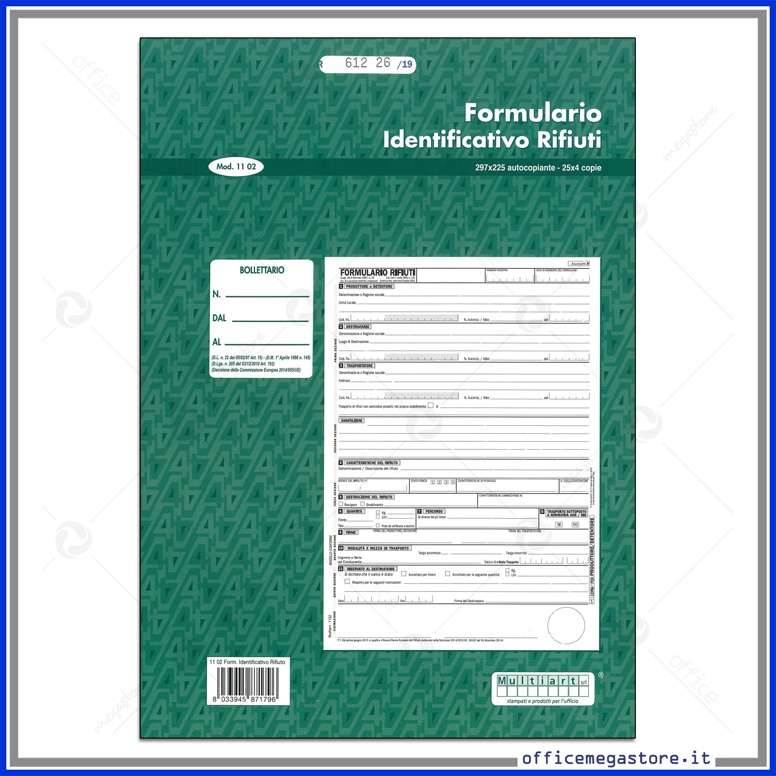 Formulario di Indentificazione Rifiuti Blocco A4 25x4 copie autocopianti