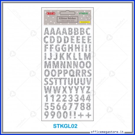 Etichette adesive stickers glitter forma Alfabeto colore argento 1 foglio 105x200 mm Wiler STKGL02