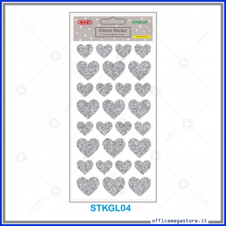 Etichette adesive stickers glitter forma Cuore colore argento 1 foglio 105x200 mm Wiler STKGL04