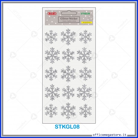 Etichette adesive stickers glitter forma Fiocco di Neve colore argento 1 foglio 105x200 mm Wiler STKGL08