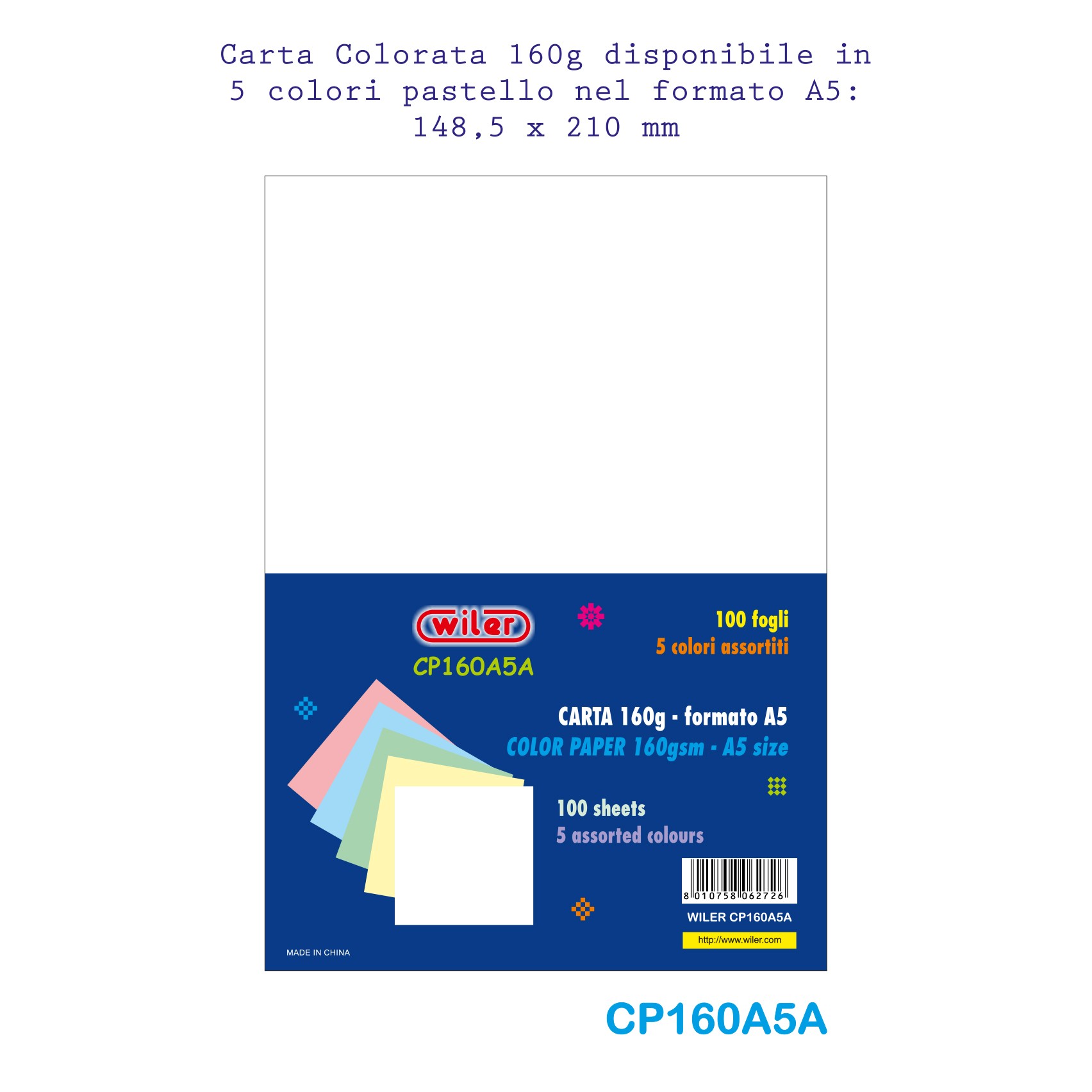 Carta colorata 160g A5 100 fogli 5 colori Tenui - Wiler CP160A5A